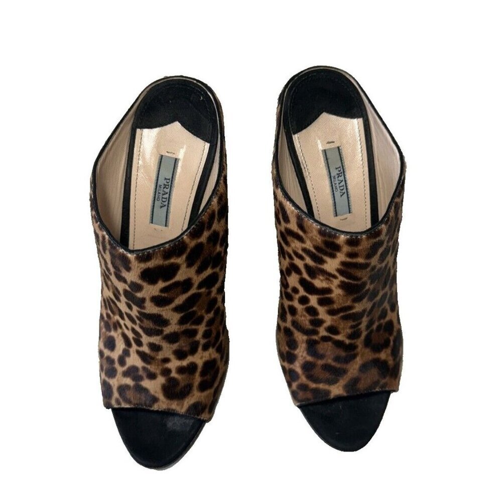 PRADA St Leopardo Miele Moro Leopard Calf Hair Wedge Slides - Picture 2 of 16